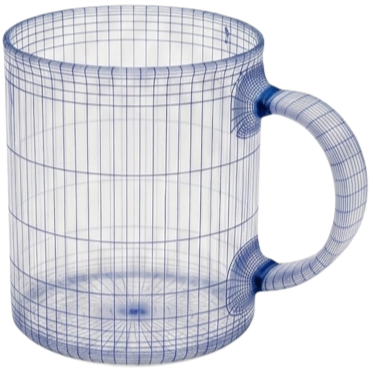 Physics wireframe cup with center of mass and inertia overlays